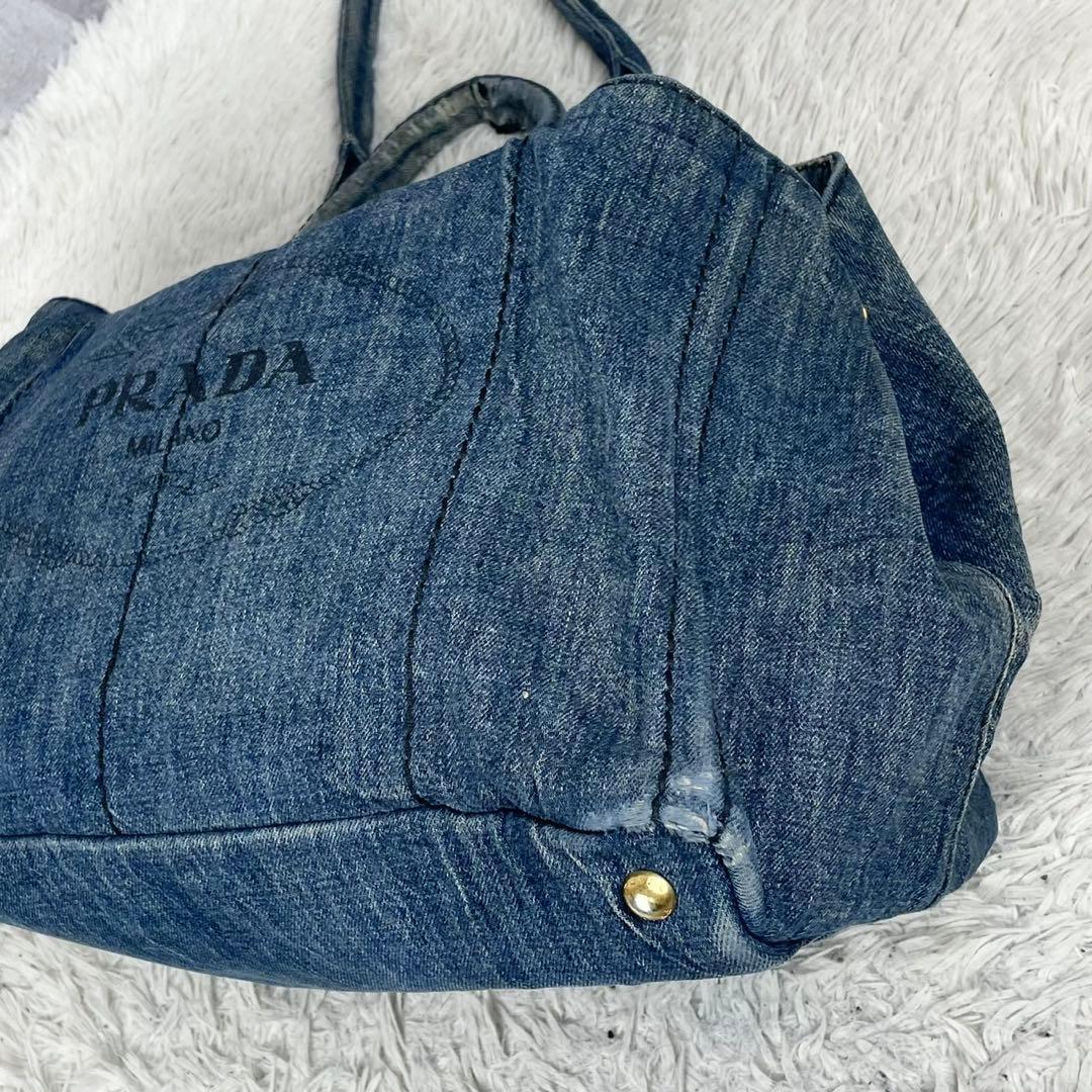 A4可 美品 プラダ デニム トートバッグ カナパ 3角プレート ロゴ金具 紺