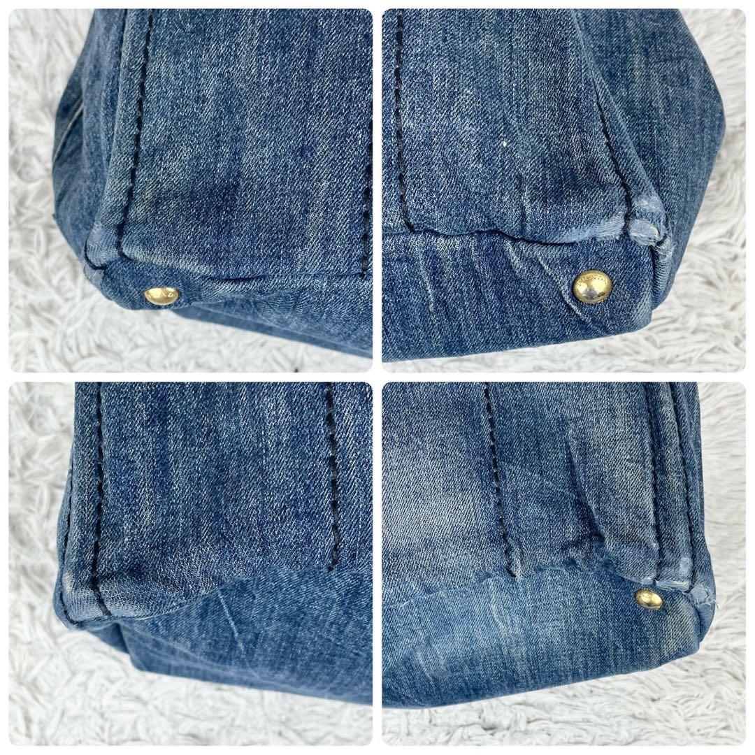 A4可 美品 プラダ デニム トートバッグ カナパ 3角プレート ロゴ金具 紺