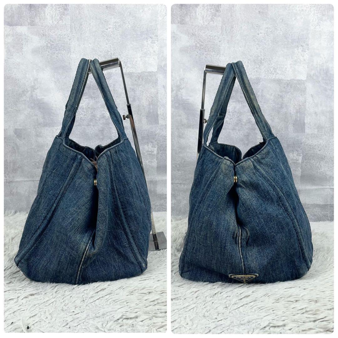 A4可 美品 プラダ デニム トートバッグ カナパ 3角プレート ロゴ金具 紺