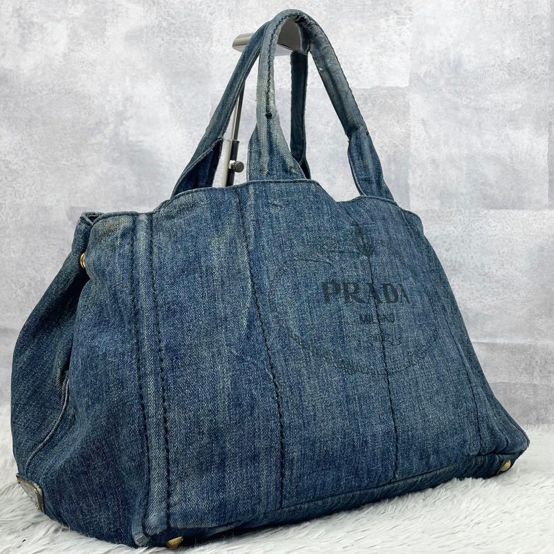 A4可 美品 プラダ デニム トートバッグ カナパ 3角プレート ロゴ金具 紺