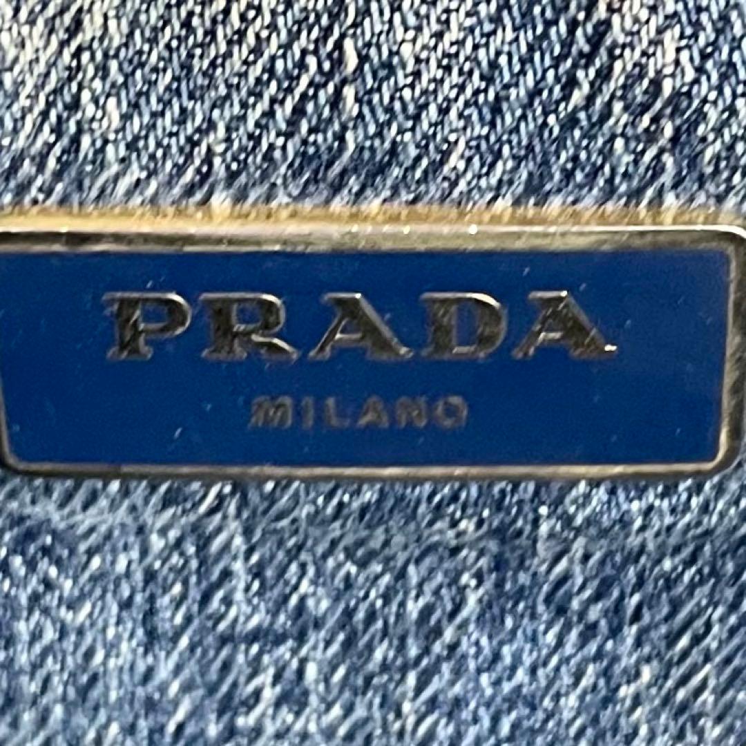 A4可 美品 プラダ デニム トートバッグ カナパ 3角プレート ロゴ金具 紺