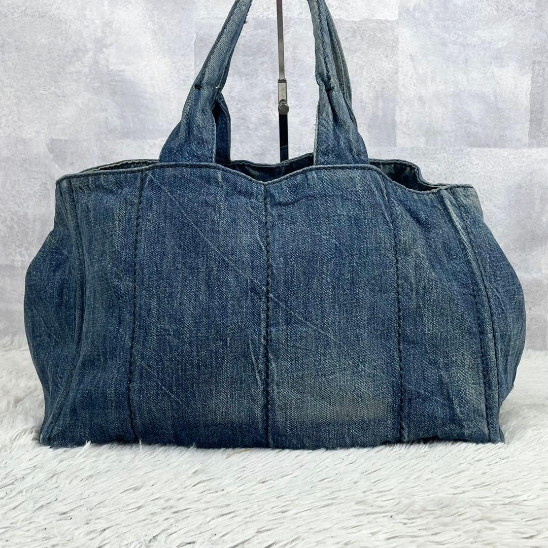 A4可 美品 プラダ デニム トートバッグ カナパ 3角プレート ロゴ金具 紺