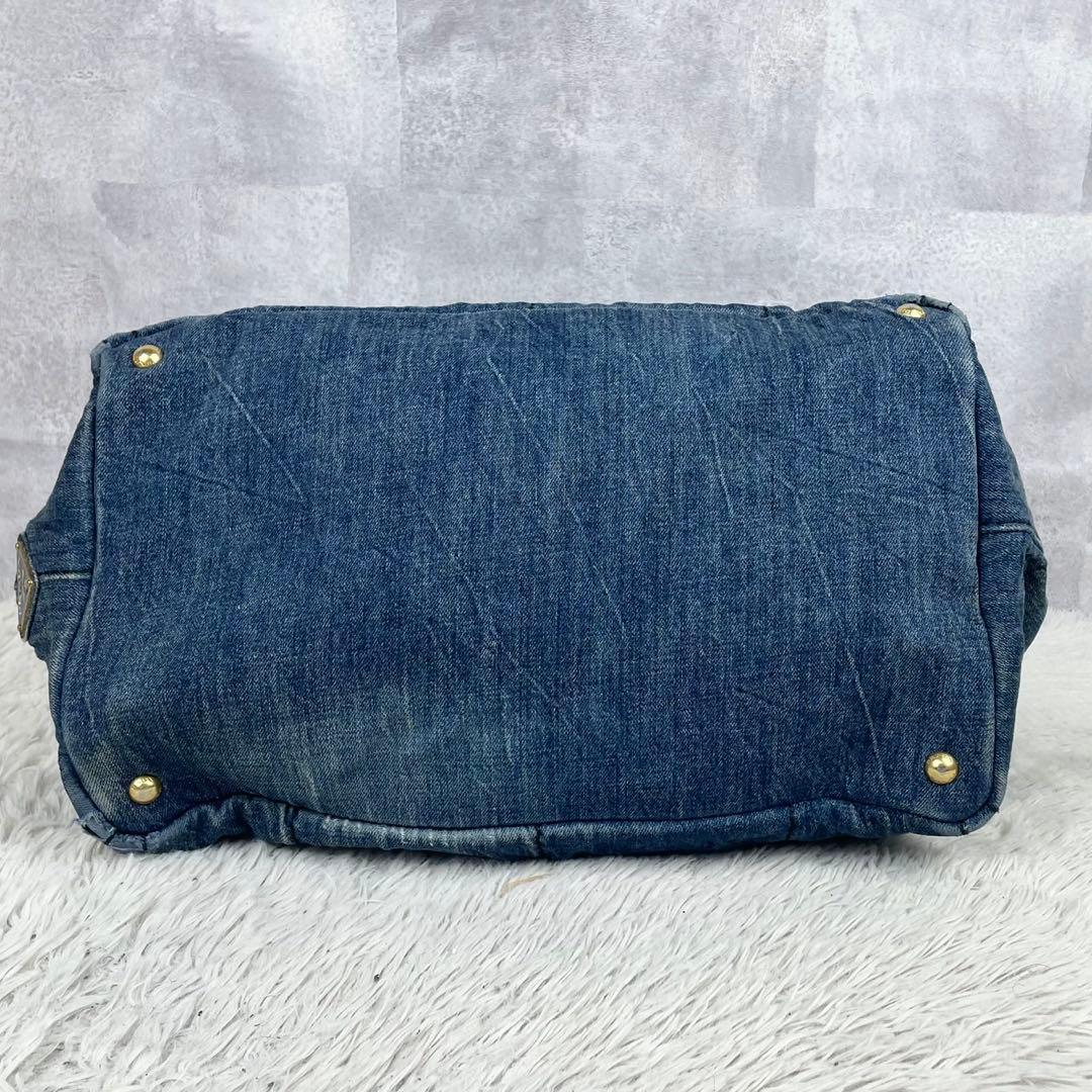 A4可 美品 プラダ デニム トートバッグ カナパ 3角プレート ロゴ金具 紺