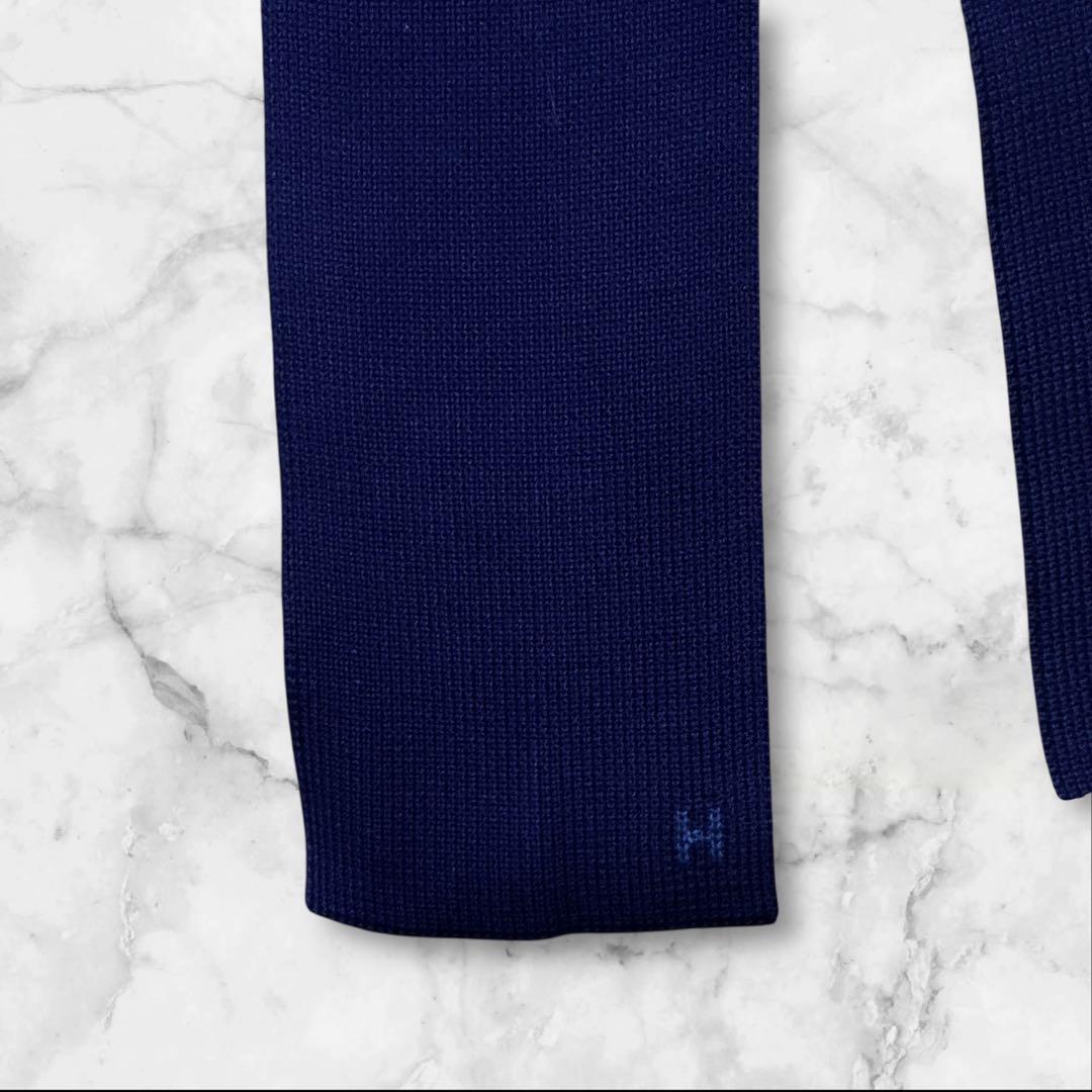 HERMES ネイビー 無地 ネクタイ　リバーシブル　ブルー　水色　Hロゴ