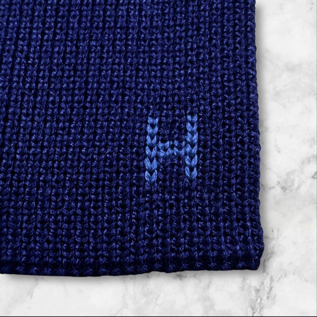 HERMES ネイビー 無地 ネクタイ　リバーシブル　ブルー　水色　Hロゴ