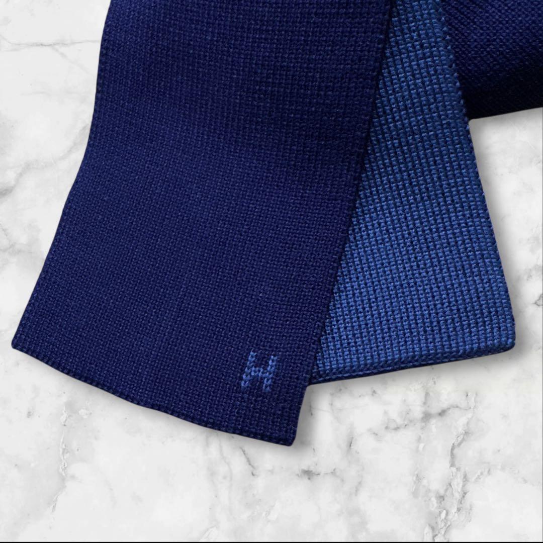 HERMES ネイビー 無地 ネクタイ　リバーシブル　ブルー　水色　Hロゴ