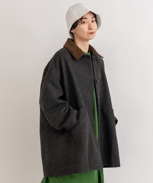 yuni ユニ＊美品＊千鳥チェック柄 コーデュロイ衿 ミドル丈ウールコート