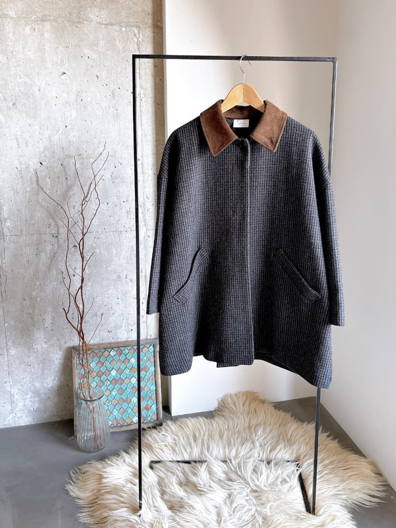 yuni ユニ＊美品＊千鳥チェック柄 コーデュロイ衿 ミドル丈ウールコート