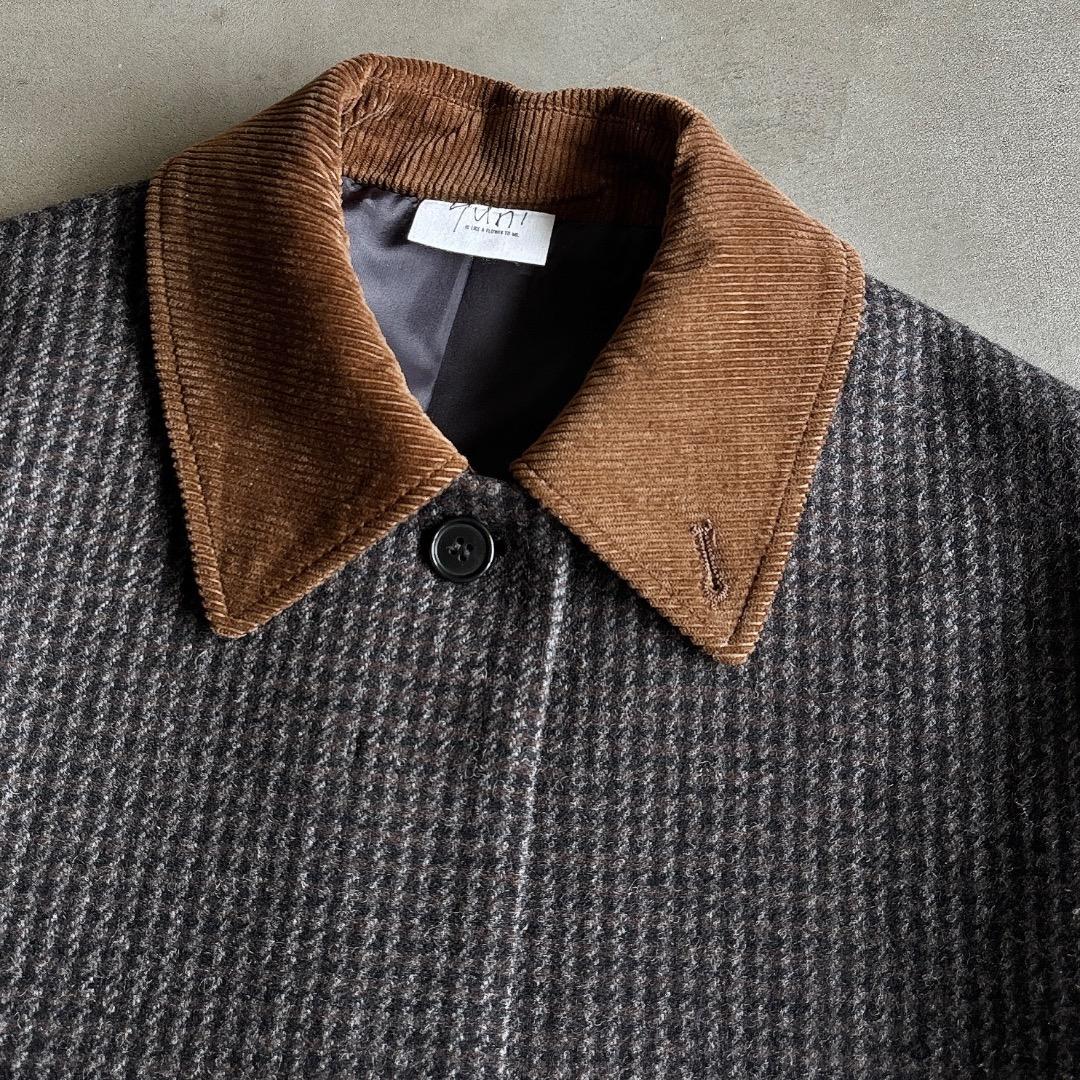 yuni ユニ＊美品＊千鳥チェック柄 コーデュロイ衿 ミドル丈ウールコート