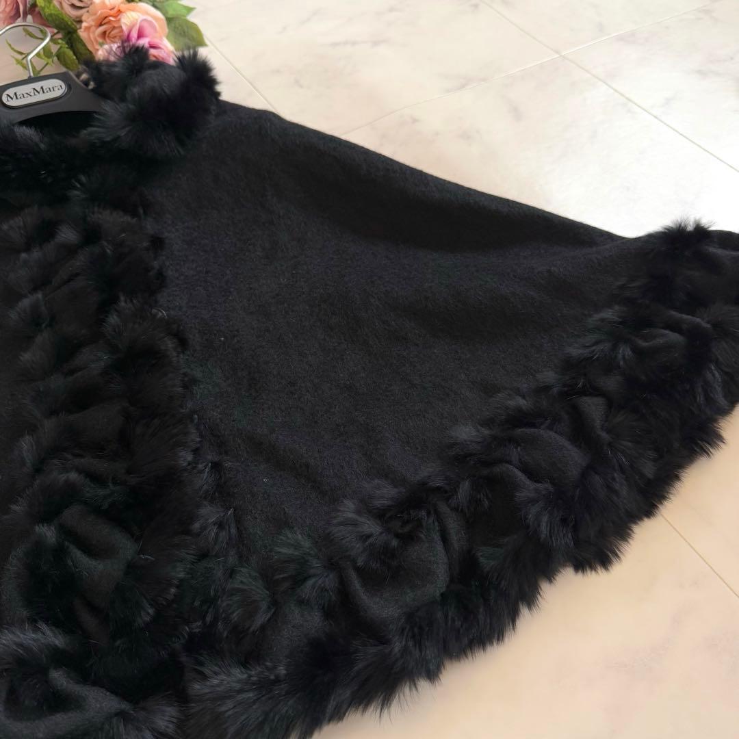 美品★ランバンコレクション 高級ラビットファー 毛皮 ケープ ポンチョ ブラック