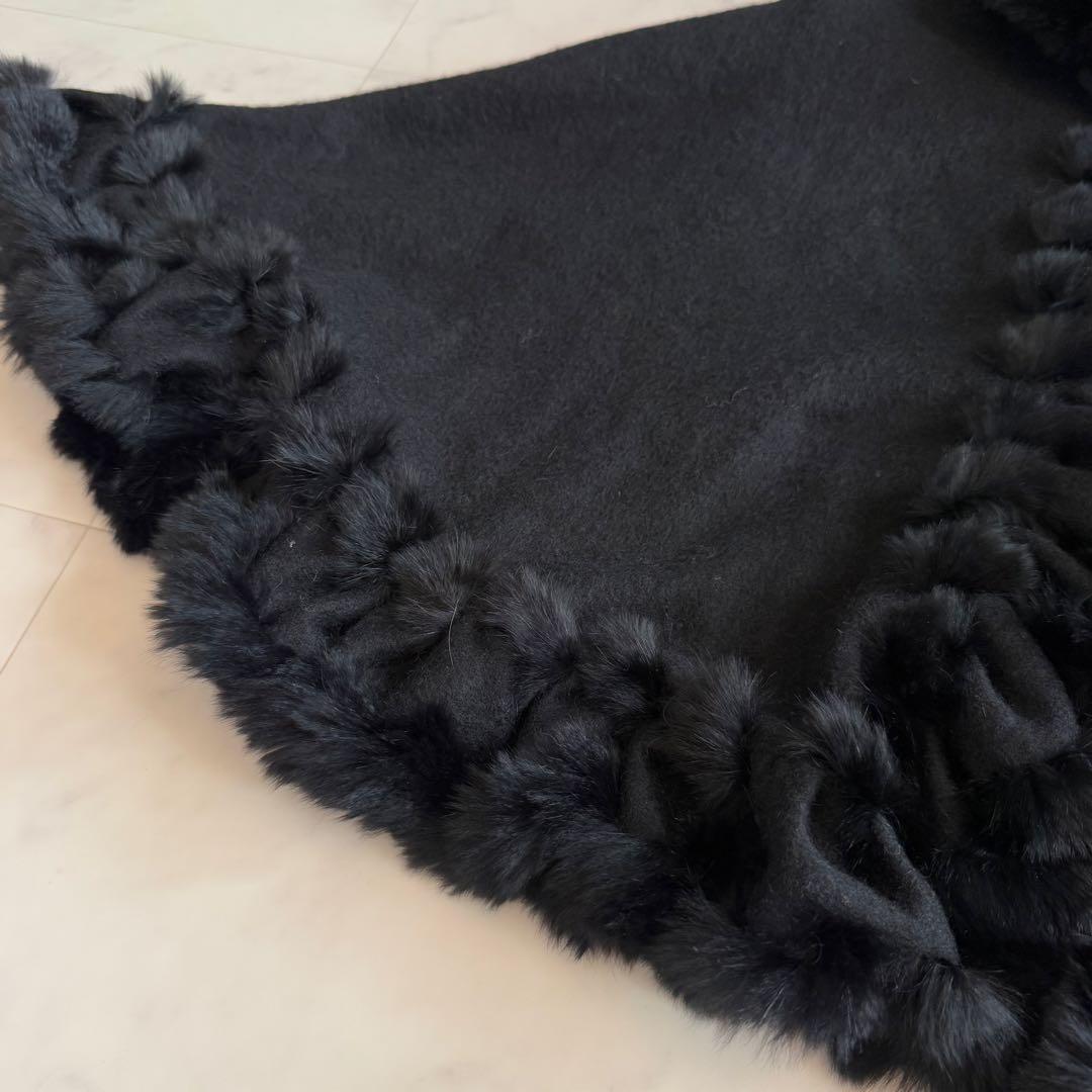 美品★ランバンコレクション 高級ラビットファー 毛皮 ケープ ポンチョ ブラック