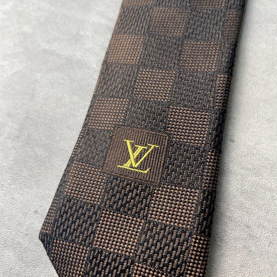 極美品 LOUIS VUITTON ジャガード ダミエ 格子柄 ネクタイ 茶
