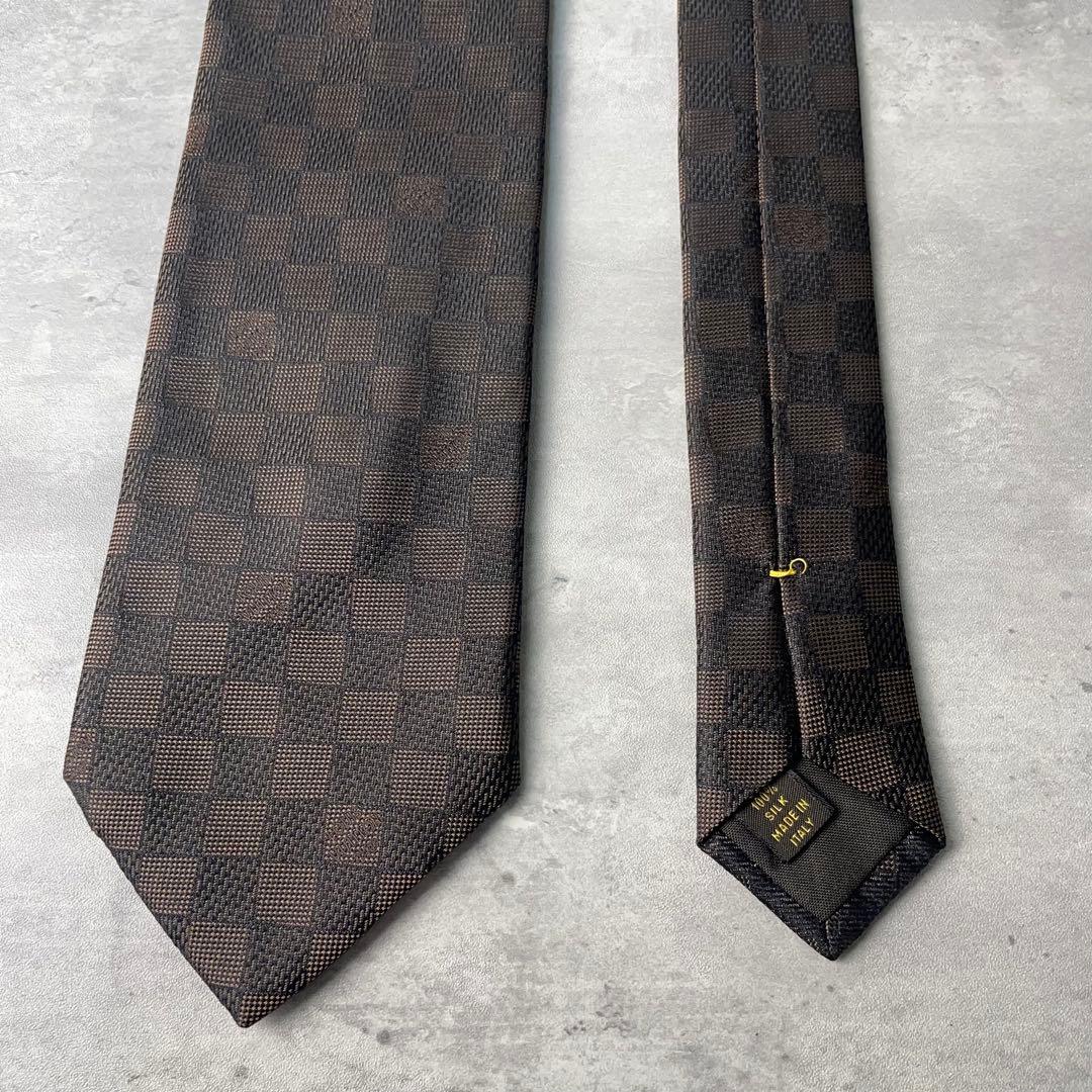 極美品 LOUIS VUITTON ジャガード ダミエ 格子柄 ネクタイ 茶