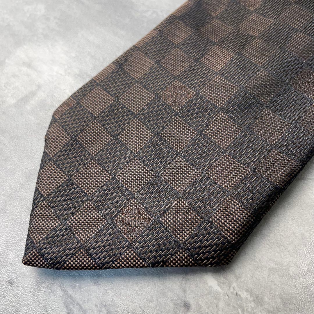極美品 LOUIS VUITTON ジャガード ダミエ 格子柄 ネクタイ 茶