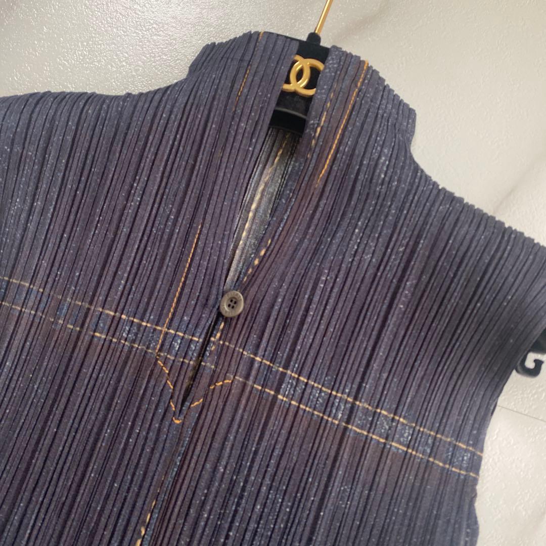 美品 希少 プリーツプリーズ イッセイミヤケ デニム 転写 ベスト ノースリーブ