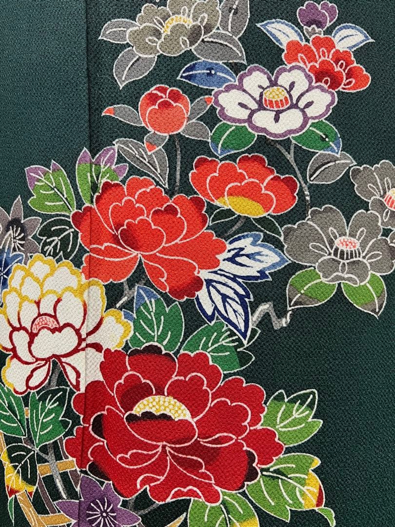 振り袖　フルセット　浜ちりめん　別誂長襦袢　深緑　個性的　友禅　成人式　717