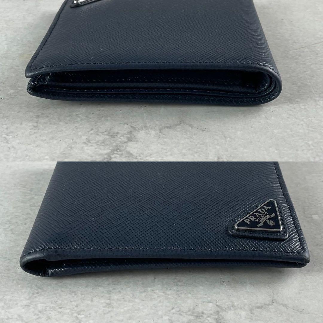 【極美品 人気色】PRADA 折り財布 三角ロゴ サフィアーノ レザー 紺色
