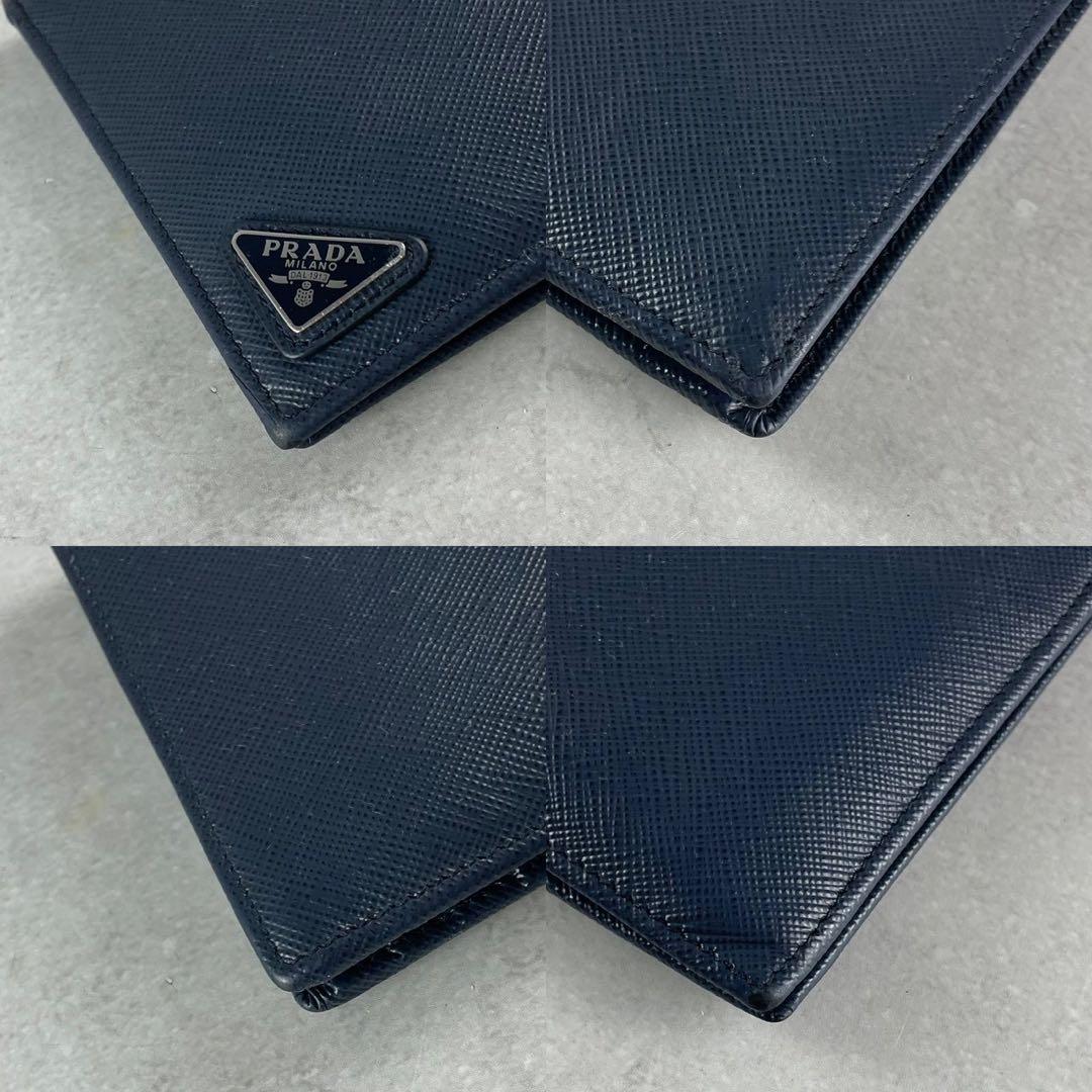 【極美品 人気色】PRADA 折り財布 三角ロゴ サフィアーノ レザー 紺色