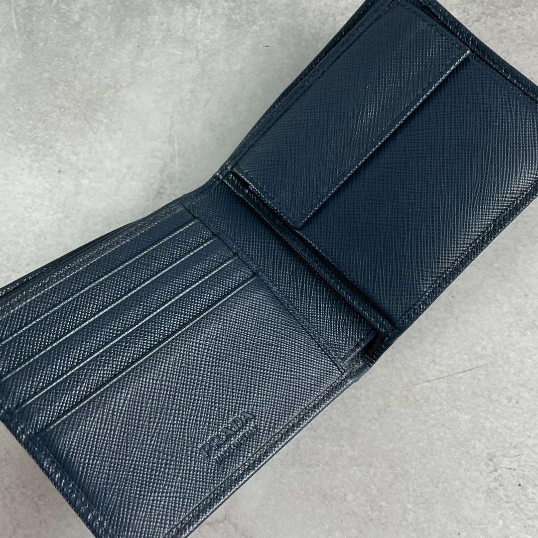 【極美品 人気色】PRADA 折り財布 三角ロゴ サフィアーノ レザー 紺色