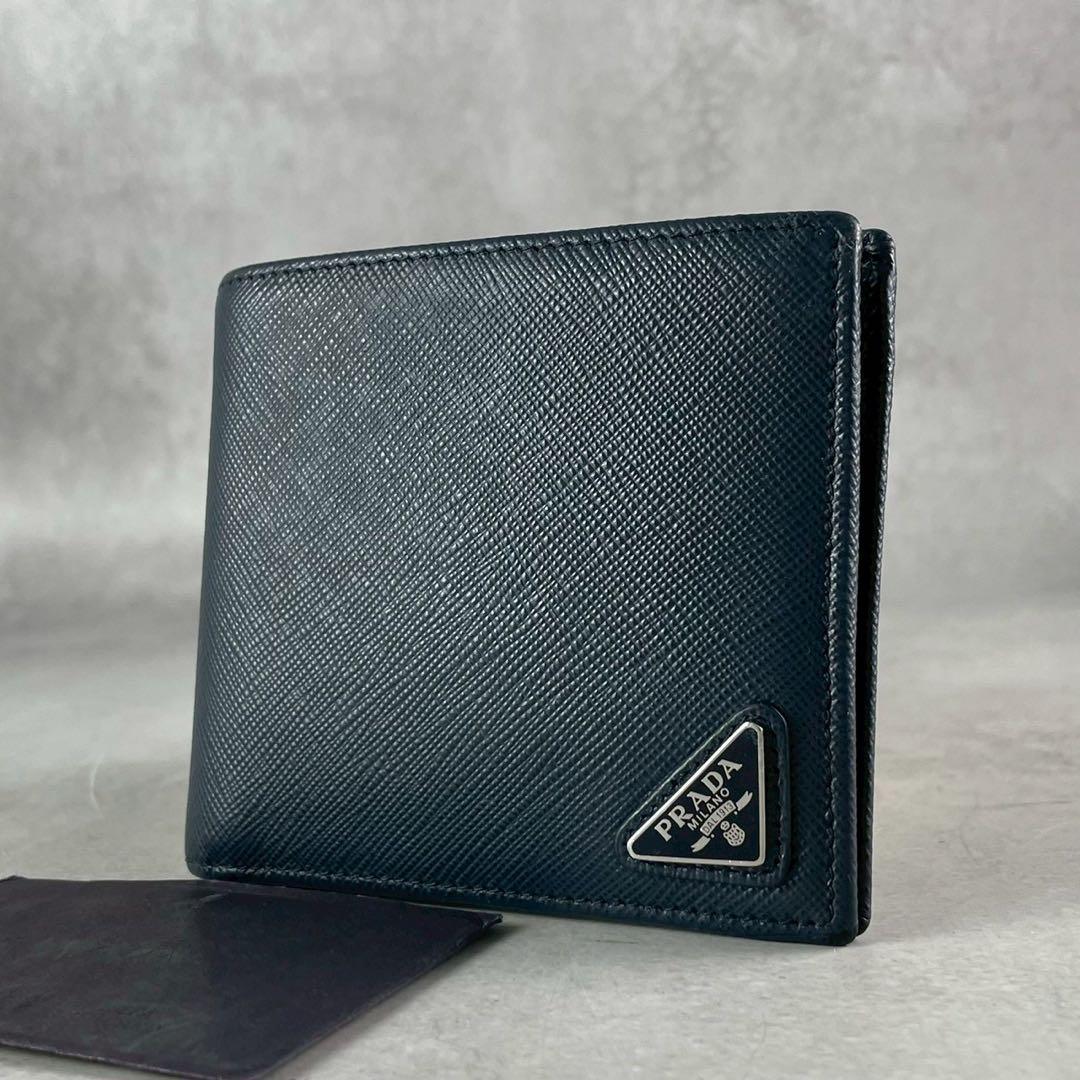 【極美品 人気色】PRADA 折り財布 三角ロゴ サフィアーノ レザー 紺色