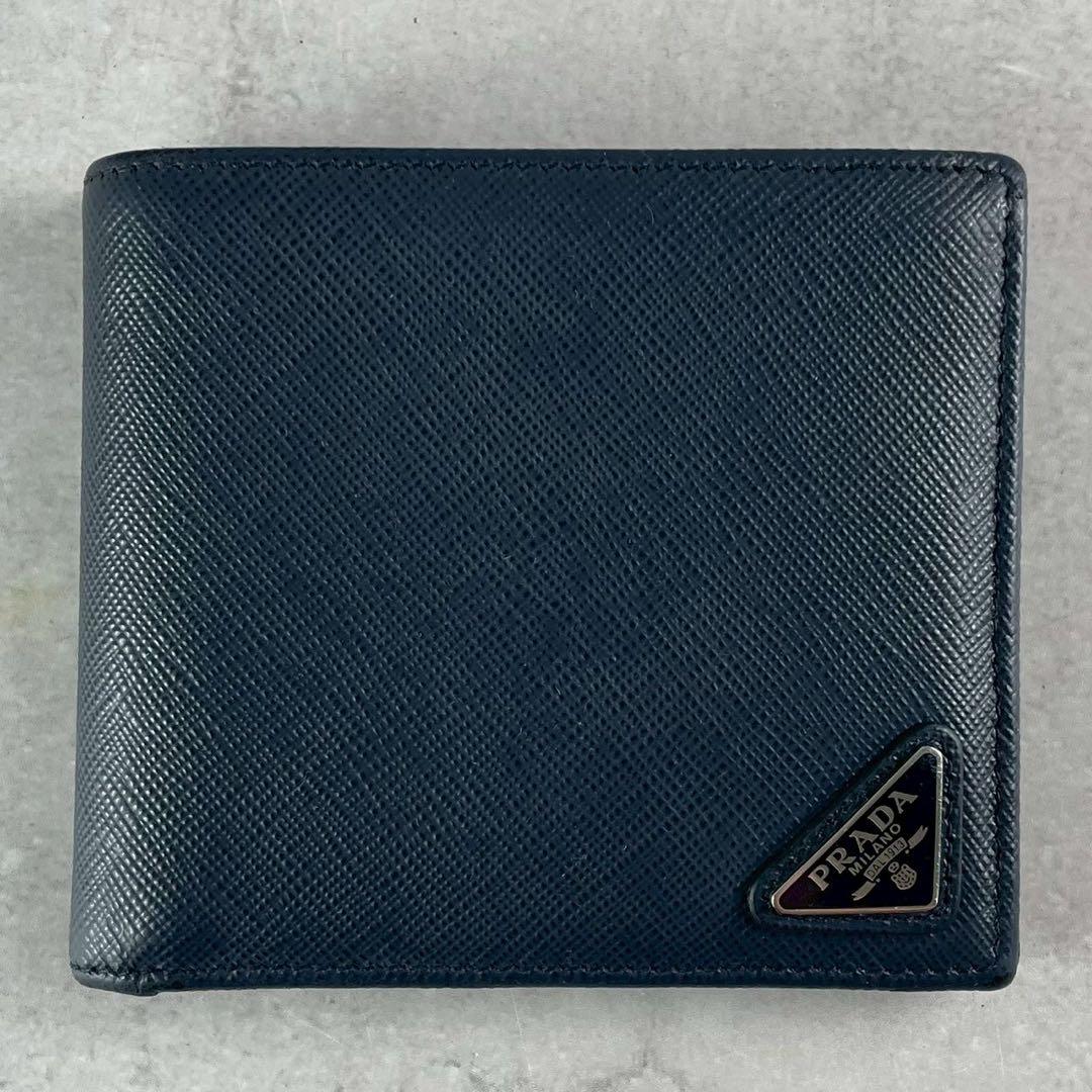 【極美品 人気色】PRADA 折り財布 三角ロゴ サフィアーノ レザー 紺色