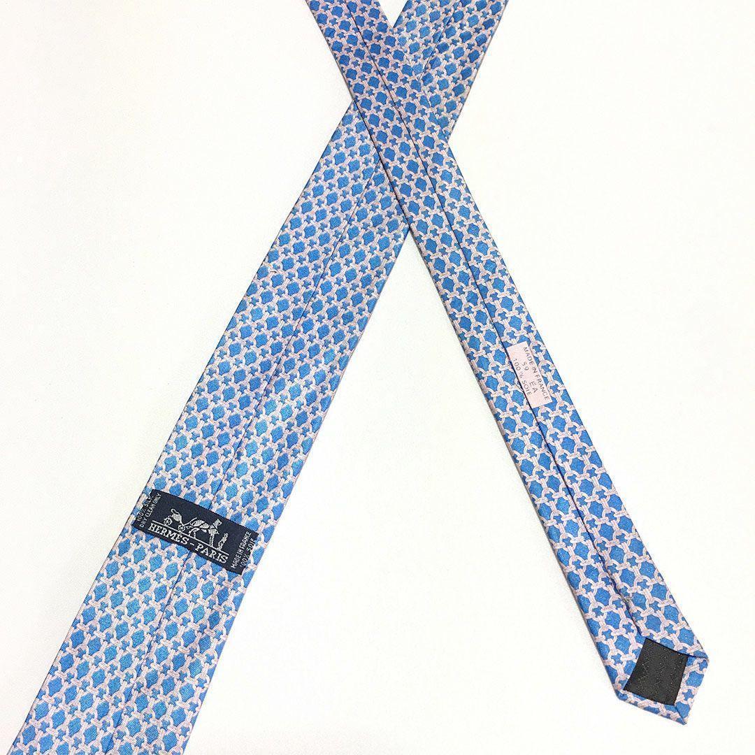 未使用級 エルメス HERMES ネクタイ シルク ブルー ペールピンク 総柄