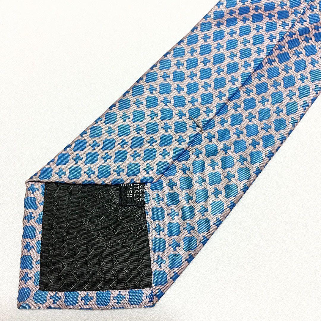 未使用級 エルメス HERMES ネクタイ シルク ブルー ペールピンク 総柄