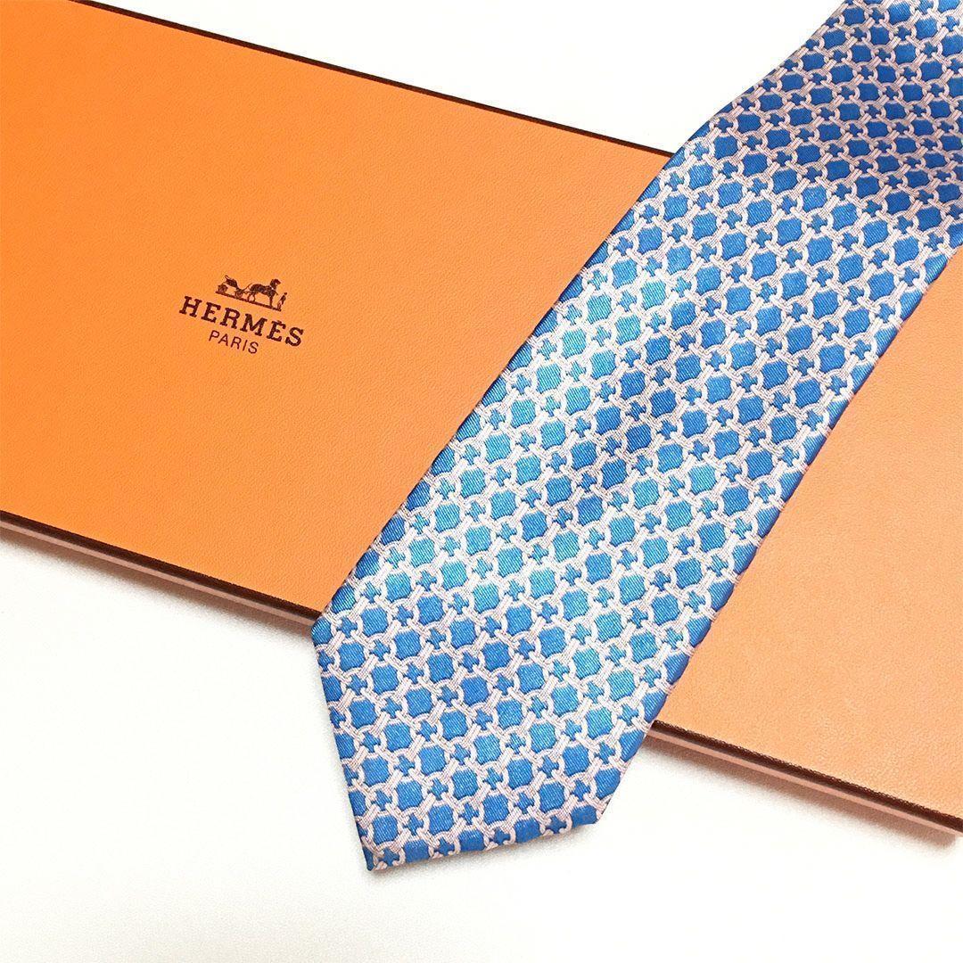 未使用級 エルメス HERMES ネクタイ シルク ブルー ペールピンク 総柄