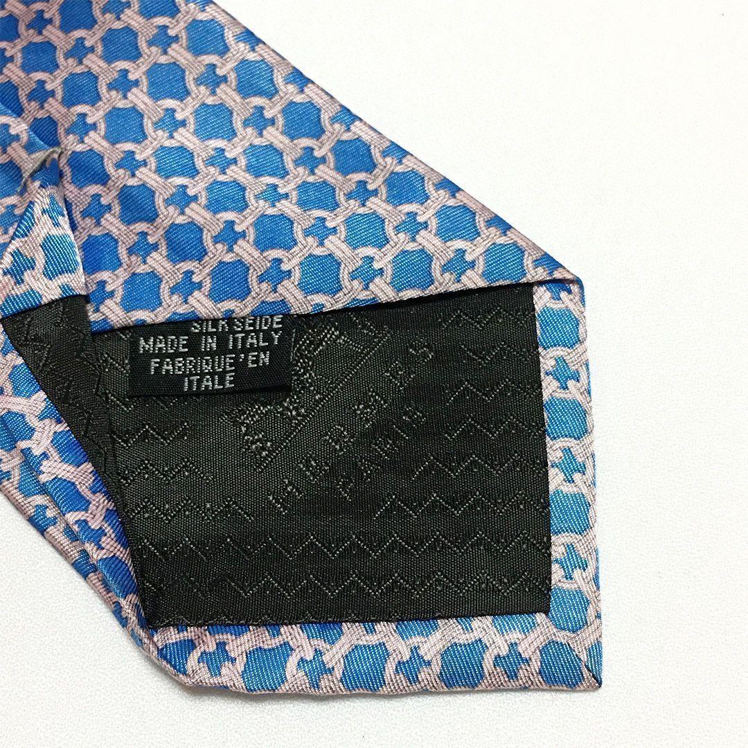 未使用級 エルメス HERMES ネクタイ シルク ブルー ペールピンク 総柄