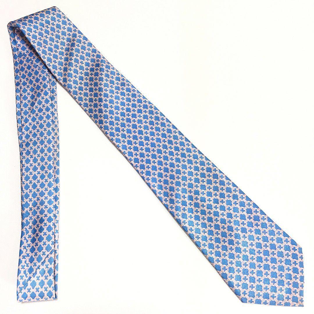 未使用級 エルメス HERMES ネクタイ シルク ブルー ペールピンク 総柄