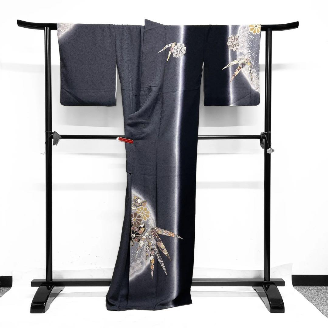 訪問着　雪輪紋　竹　菊花　ぼかし染め　金彩　鹿の子　紋無し　着物　093a d