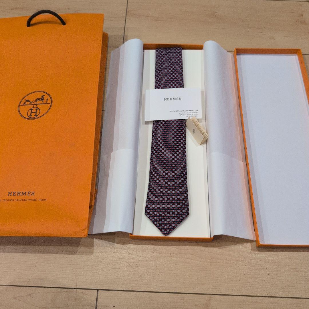 新品 HERMÈS エルメス シルクネクタイ ネイビー レッド