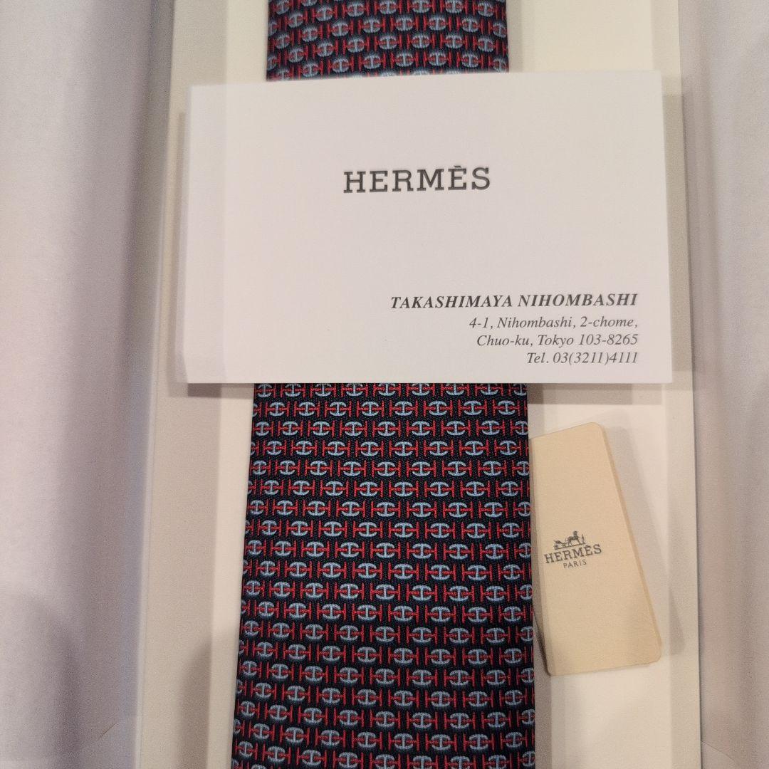 新品 HERMÈS エルメス シルクネクタイ ネイビー レッド