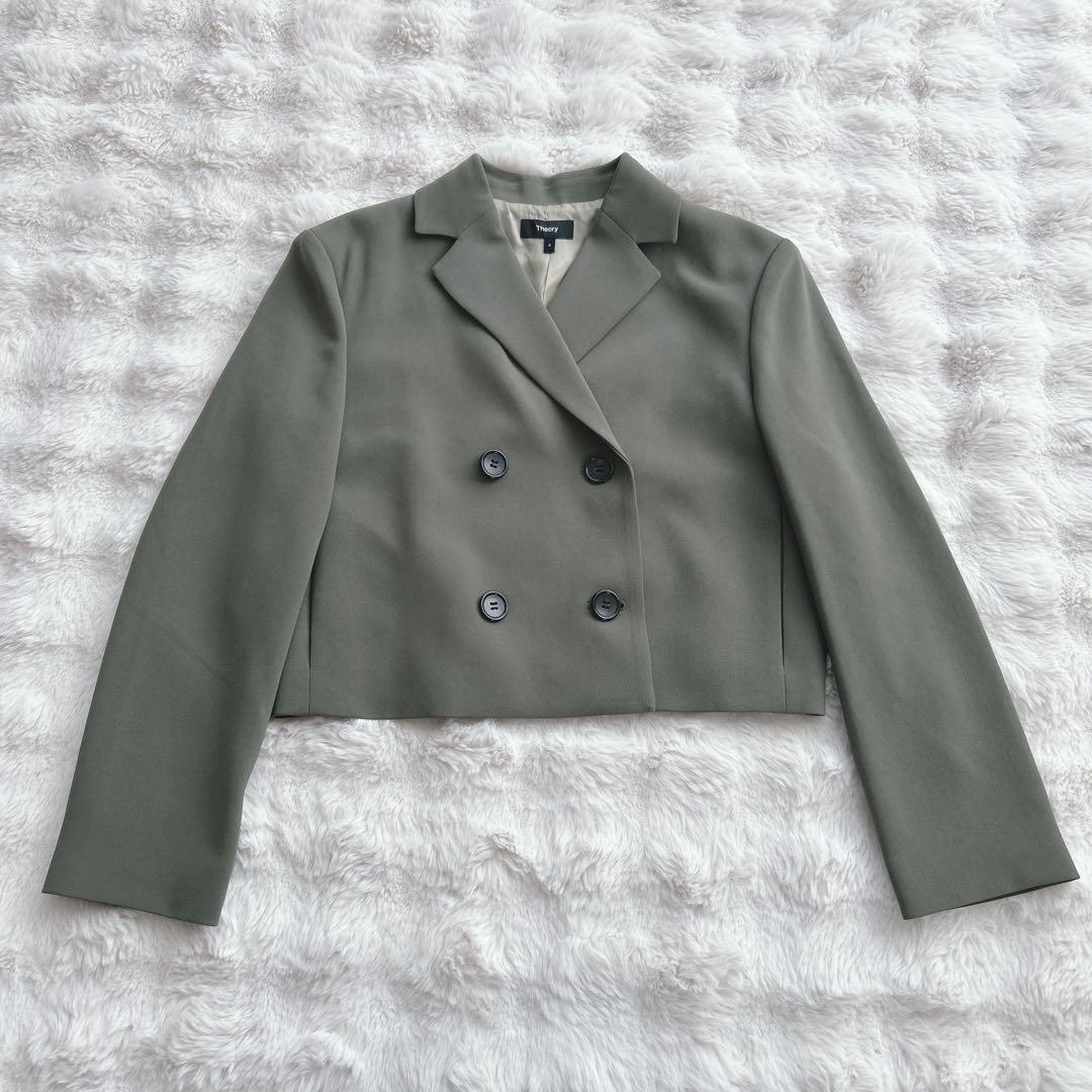 セオリー★クロップドダブルジャケット ショート丈　カーキ　M