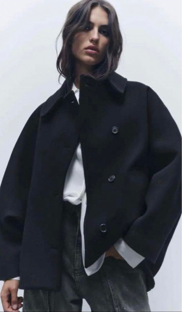 ザラ 完売 ZARA MANTECO ショート ウールブレンドコート ブラック