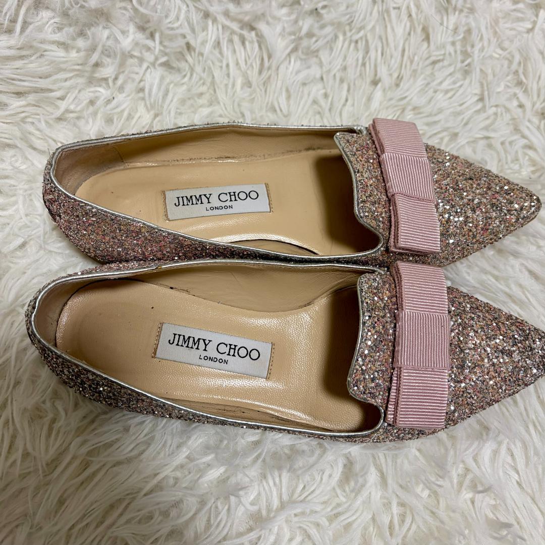 ジミーチュウ GALA グリッター フラットシューズ 25 リボン