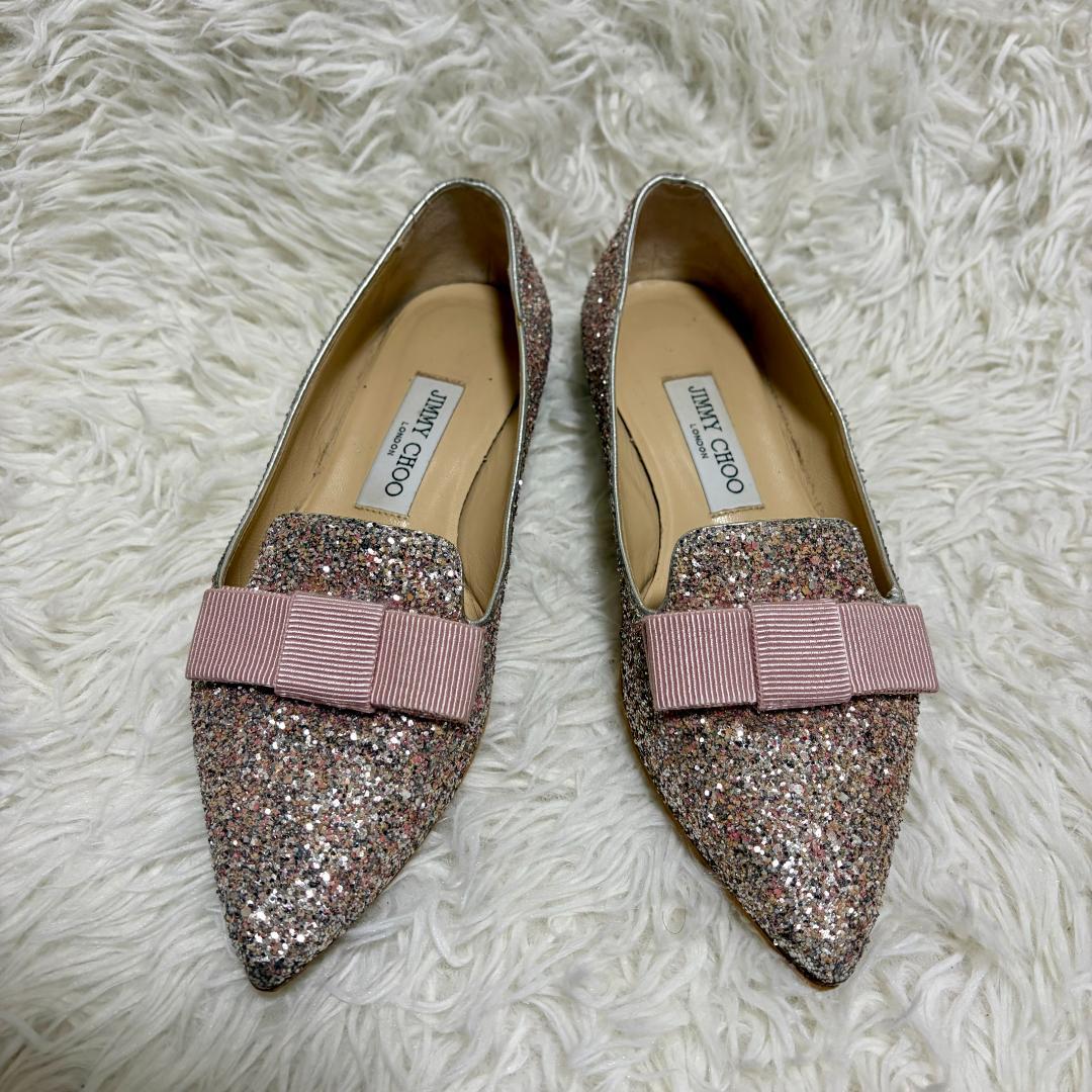 ジミーチュウ GALA グリッター フラットシューズ 25 リボン