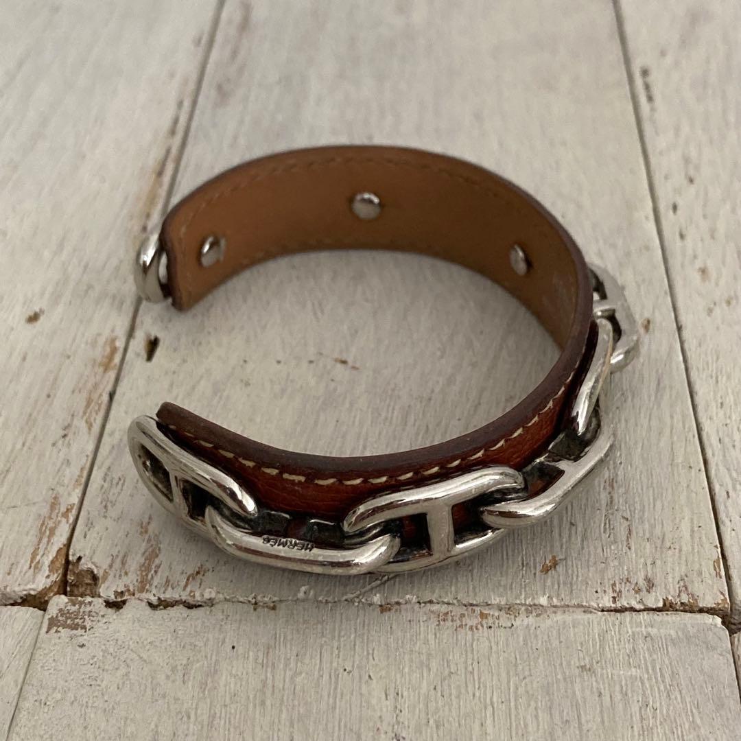 HERMES エルメス バングル シェーヌダンクル ブラウン レザー