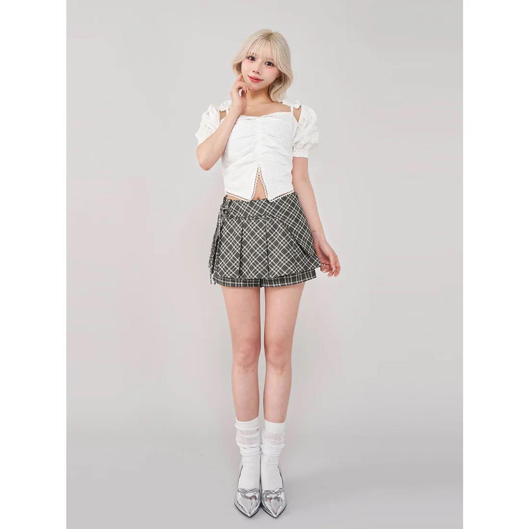 新品タグ付き ダーリッチ チェックスカートライクショートパンツ S ブラウン