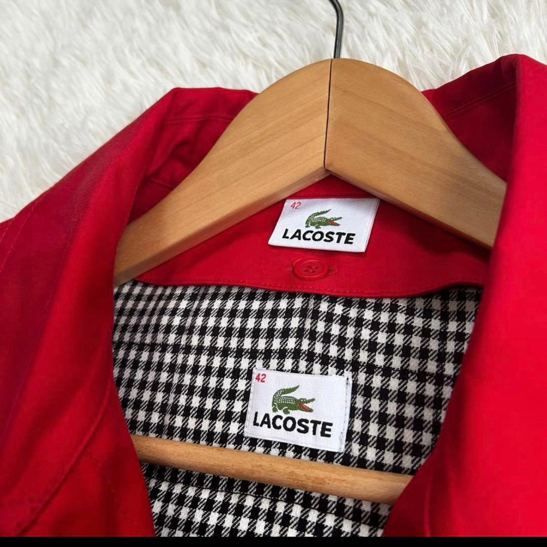 LACOSTE ステンカラーコート 42 ライナー付き Aライン 赤 チェック