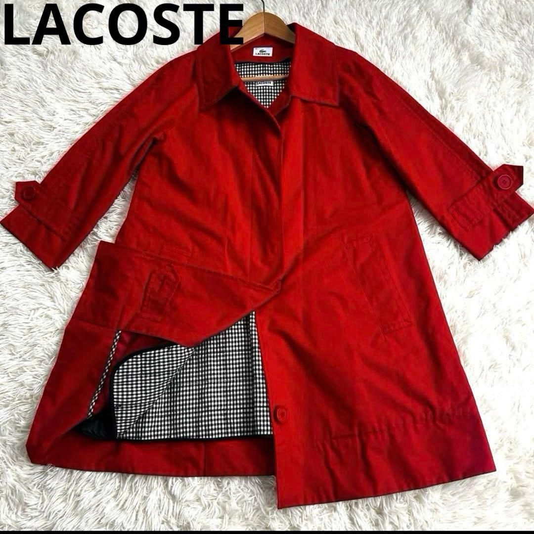 LACOSTE ステンカラーコート 42 ライナー付き Aライン 赤 チェック