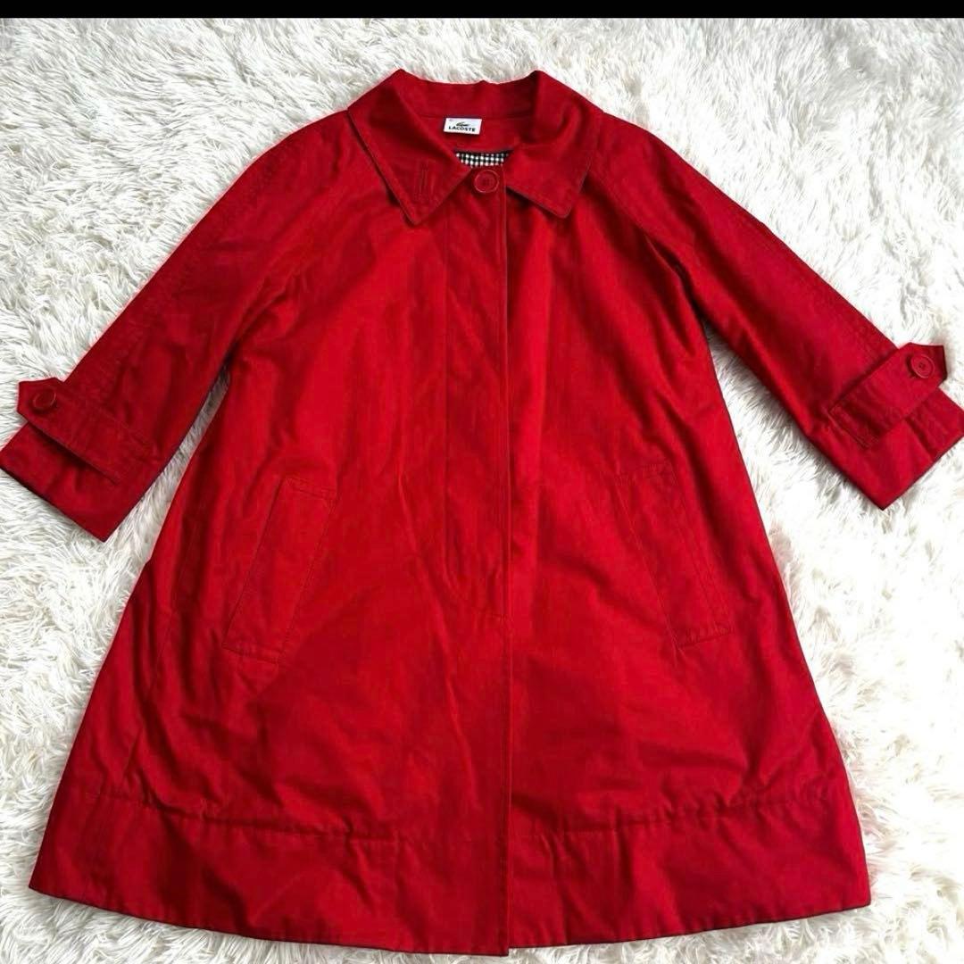 LACOSTE ステンカラーコート 42 ライナー付き Aライン 赤 チェック