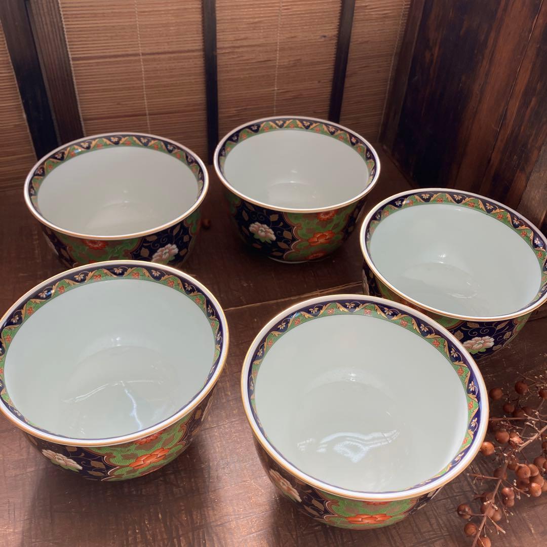 未使用　前畑陶器 庫山窯　藍地金唐草 小丼揃 5客セット