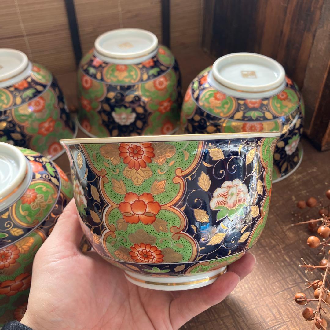 未使用　前畑陶器 庫山窯　藍地金唐草 小丼揃 5客セット