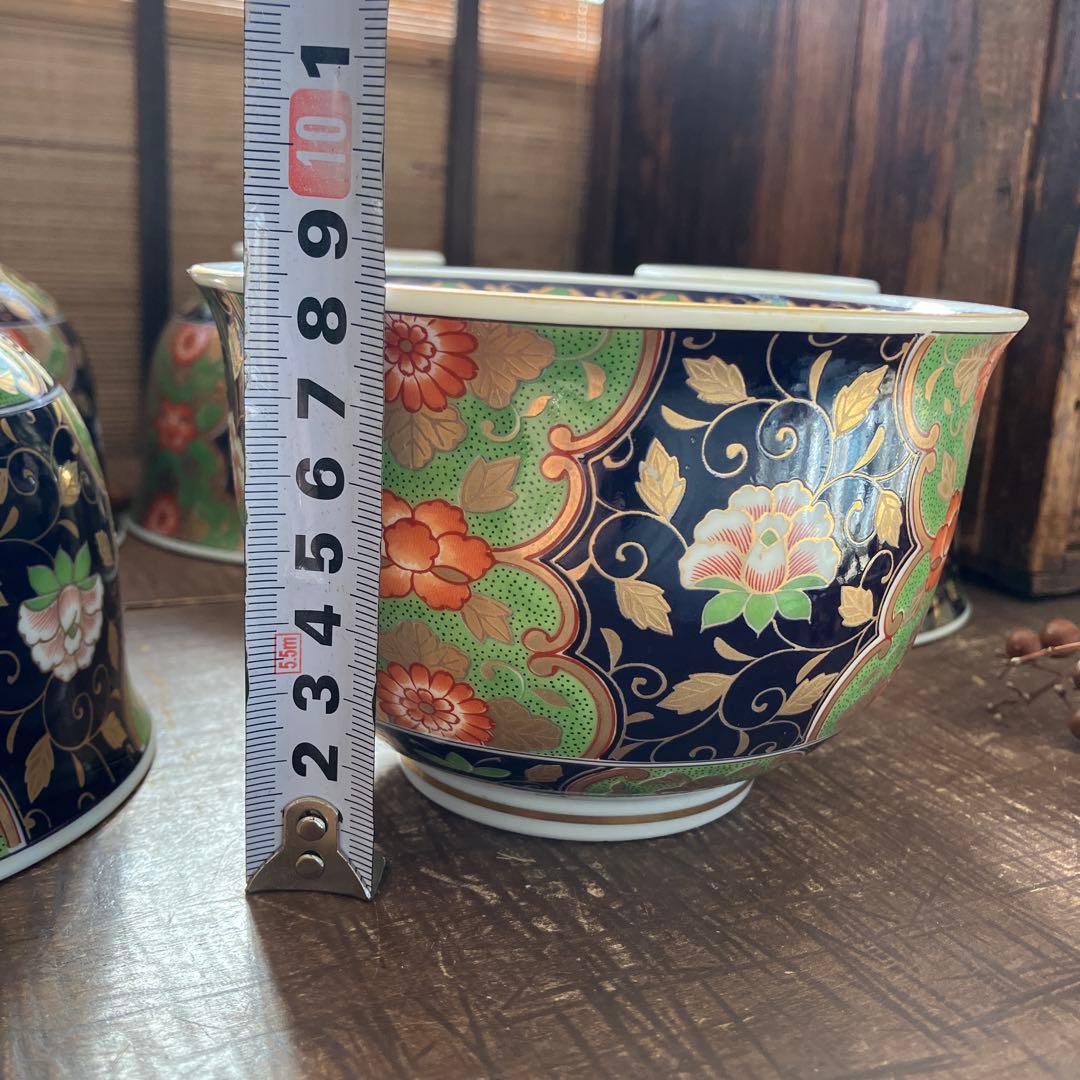 未使用　前畑陶器 庫山窯　藍地金唐草 小丼揃 5客セット