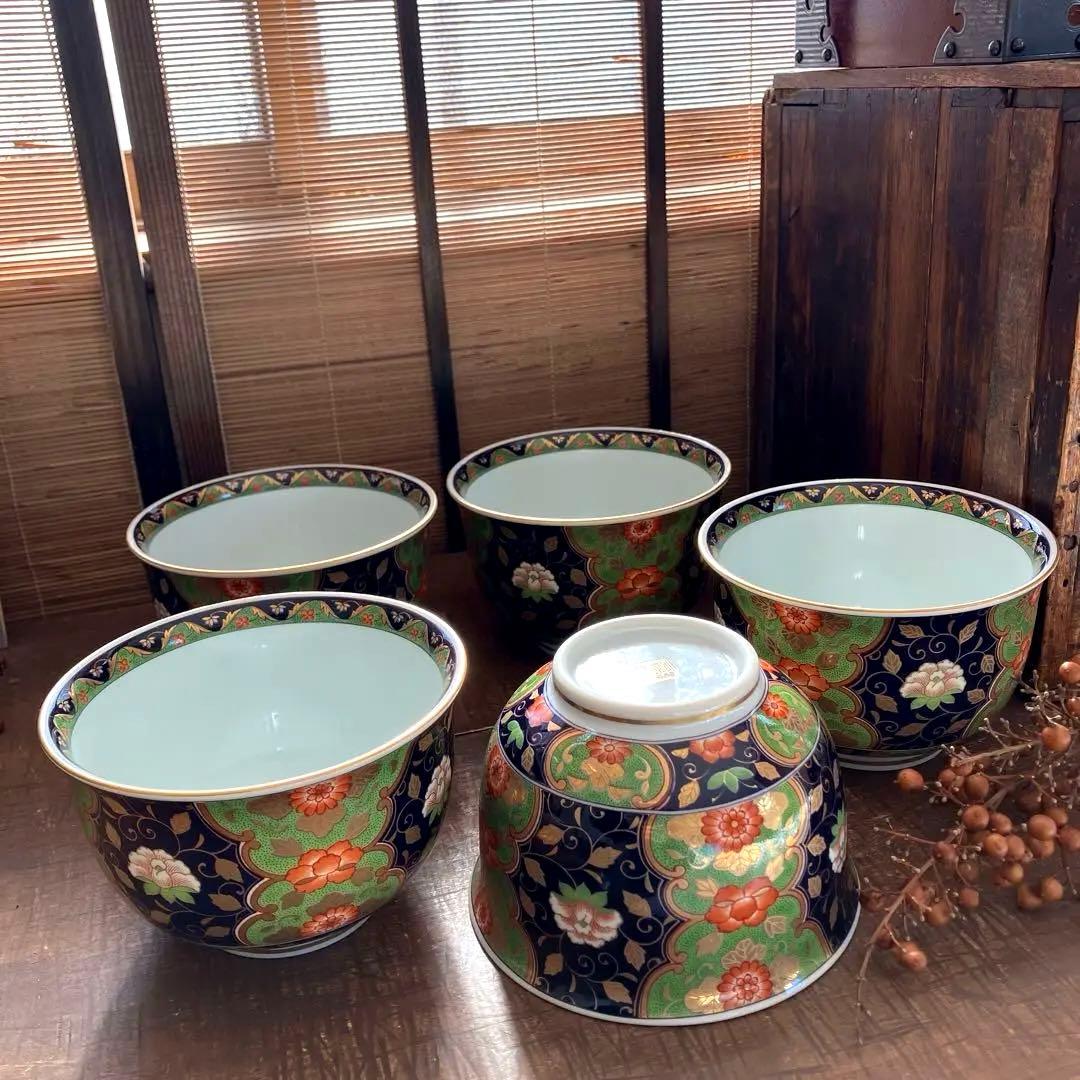 未使用　前畑陶器 庫山窯　藍地金唐草 小丼揃 5客セット