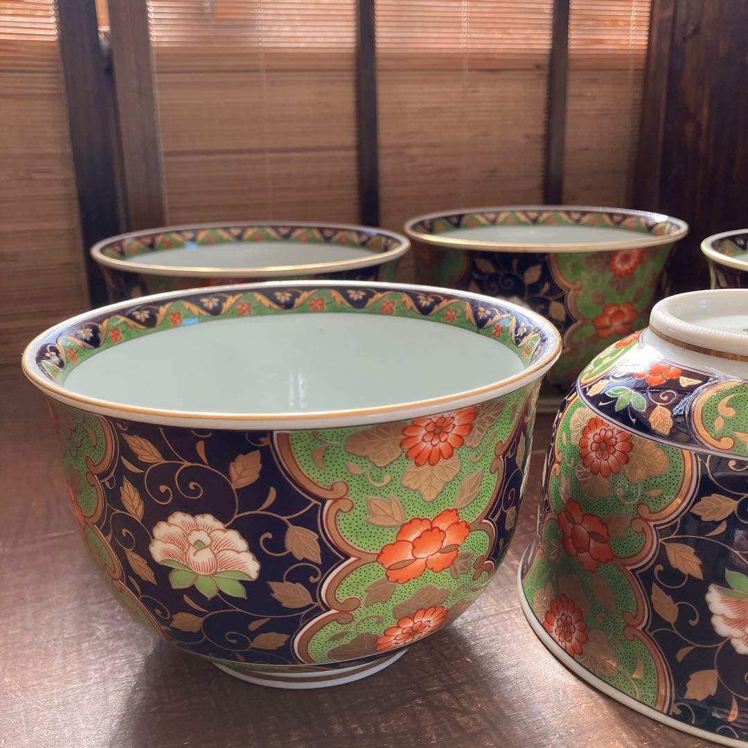 未使用　前畑陶器 庫山窯　藍地金唐草 小丼揃 5客セット