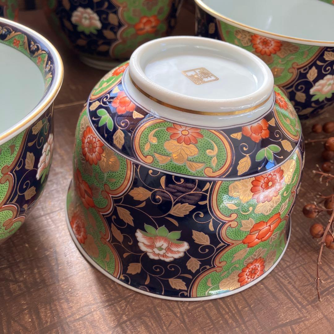 未使用　前畑陶器 庫山窯　藍地金唐草 小丼揃 5客セット