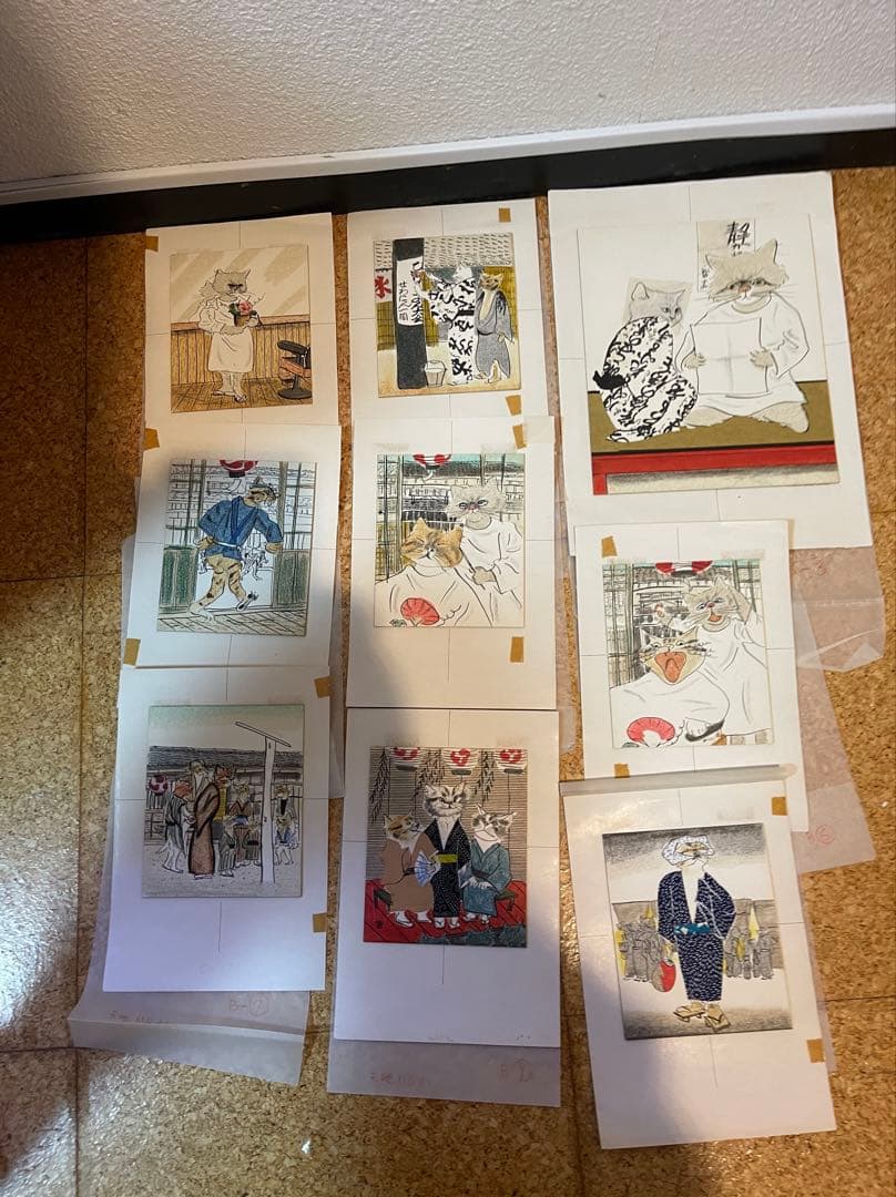 絵本肉筆原画 15点挿絵 原稿 三匹の猫　とこまさのはなし　珍品　小沢良吉