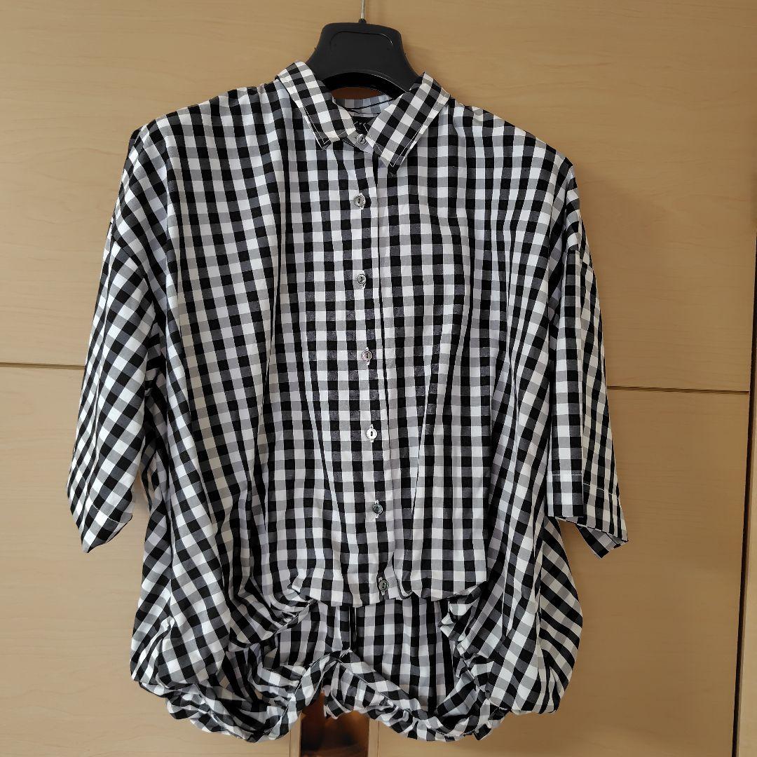 mizuiro ind ストライプハーフスリーブバルーンシャツ　ブラックチェック